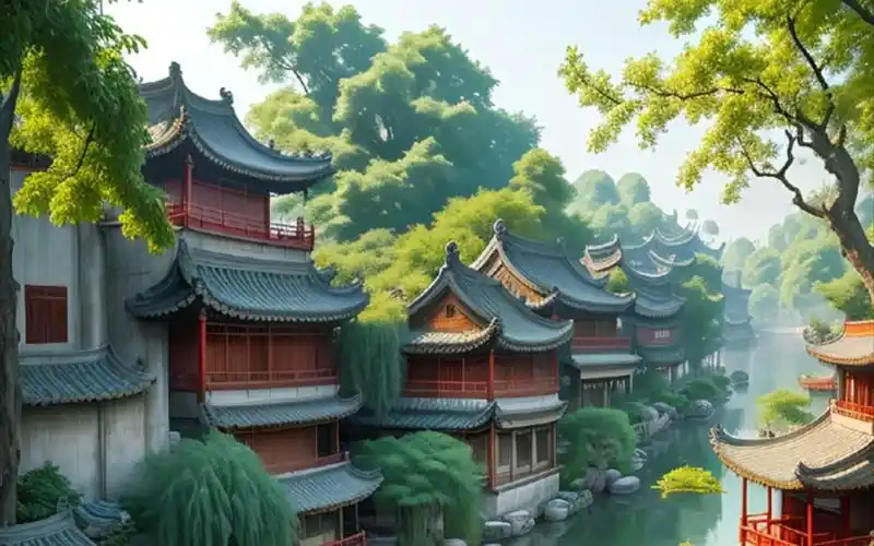 古风插画江南水乡园林景色26-竖屏壁纸