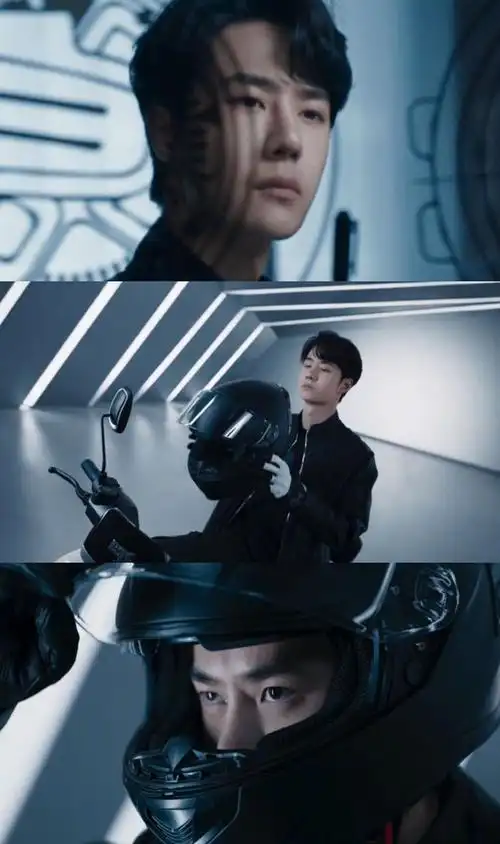 67@uniq-王一博 在最新大片中骑电动车,身穿皮衣戴头盔的造型气