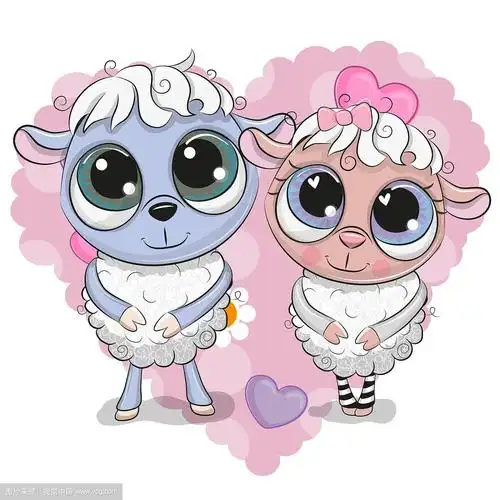 两只可爱的绵羊在一颗心的背景上