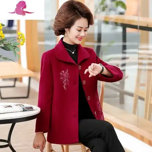 艳如飞中老年女装毛呢短外套女春秋装宽松大码妈妈绣花秋冬呢子上衣60