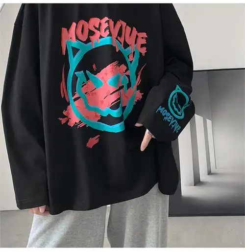 鬼脸涂鸦长袖t恤男秋季港风ins潮牌衣服春秋潮流宽松高街嘻哈卫衣