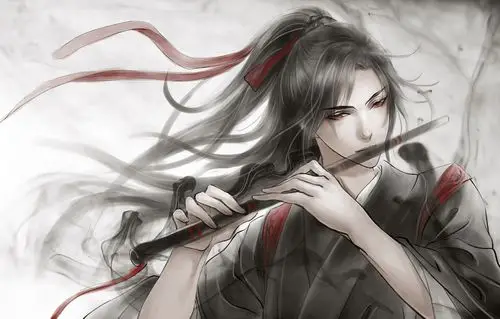 grey background, flute, red eyes, long hair