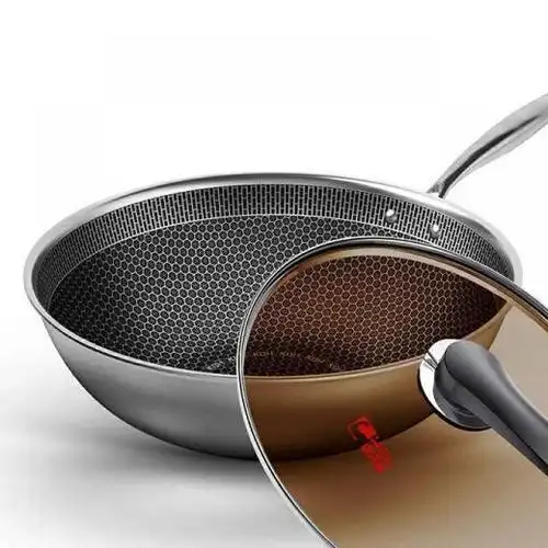 康巴赫二代蜂窝无油烟不粘炒锅32cm304不锈钢炒锅燃气电磁炉