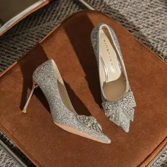 高跟鞋女细跟新款水晶婚鞋尖头水钻蝴蝶结性感浅口单鞋女 银色6cm 34