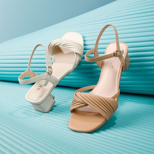 百丽官旗真皮一字带粗跟高跟凉鞋女