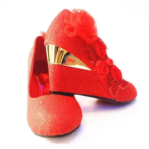 可情小美 结婚红色粗跟女新娘婚鞋坡跟中跟花朵平底结婚鞋 cxy16 红色