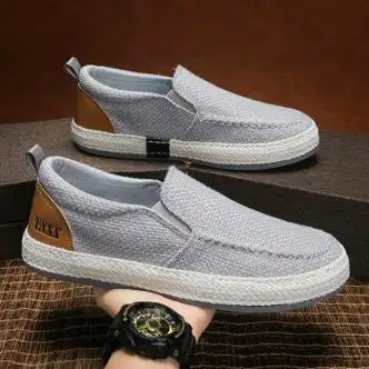 老北京布鞋男年轻人豆豆鞋男秋季亚麻千层底手工帆布板鞋男一脚蹬灰色