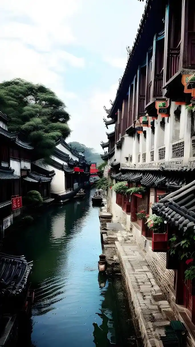 江南古镇,如梦如画.一片宁静的水乡风采. 河水静谧流淌, 古 - 抖音