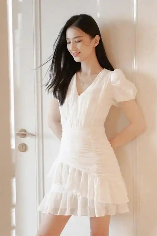 黄圣依明星同款白色连衣裙2022夏季新款荷叶边高连衣裙