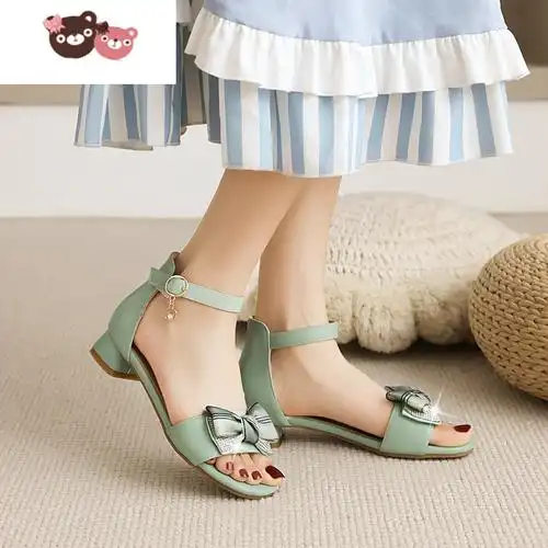 绿彩虹光公主鞋女童凉鞋夏季新款时尚小女孩蝴蝶结学生中大童鞋儿童