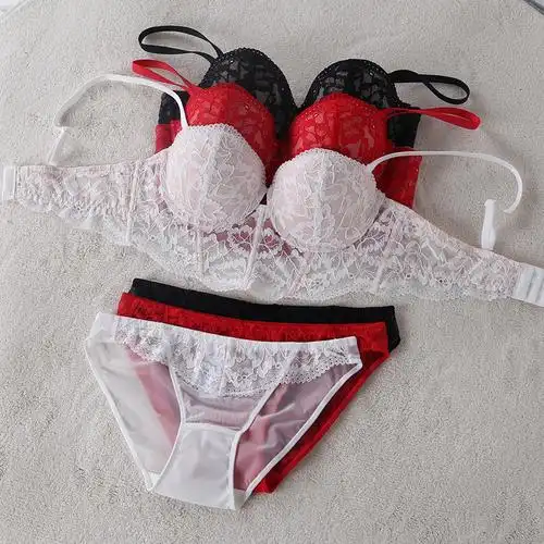 新款法式蕾丝文胸套装红色聚拢防下垂胸罩性感骨衣收副乳内衣套装