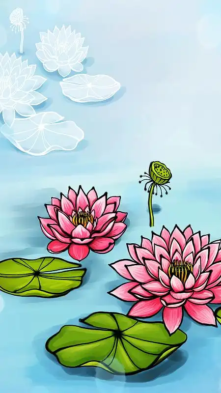 手绘夏日荷花海报h5背景psd分层下载