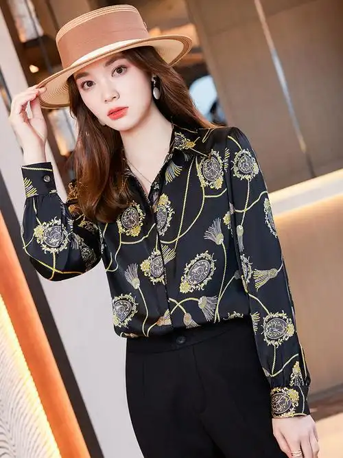 印花长袖衬衫女春秋装新款气质设计复古中年衬衫