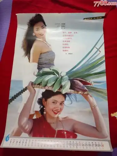 挂历单页九十年代泳装美女韩月乔梁玉瑾尺寸7550cm