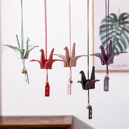 手工diy千纸鹤汽车挂件 后视镜挂饰创意 皮革保平安车内吊坠饰品