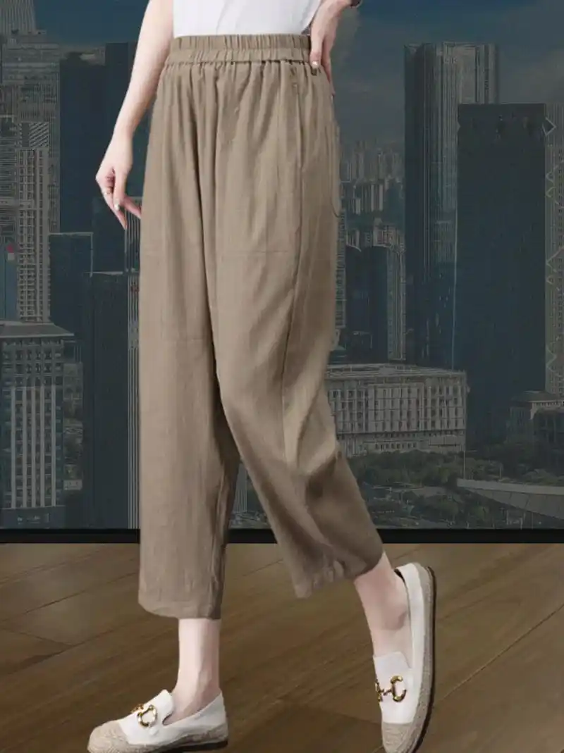 亚麻休闲直筒九分裤