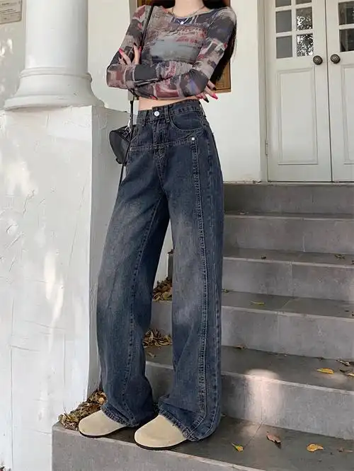 梨形阔腿长裤小众新款水泥灰高腰直筒个性拼接拖地百搭牛仔裤子女