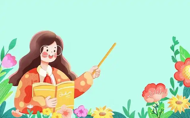 卡通老师上课姿势讲课拿书花海教师节节日宣传海报插画教师节插画