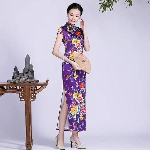 钱塘佳人桑蚕蚕丝真丝旗袍女长款气质优雅大花改良旗袍