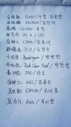 求exo成员的韩文名,要手写的