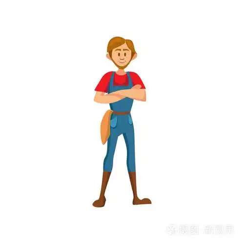 男性农夫站立与折叠的手卡通矢量插图