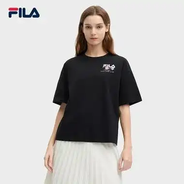 fila斐乐女子针织短袖衫2024春新款休闲冰丝抗菌宽松樱花刺绣t恤