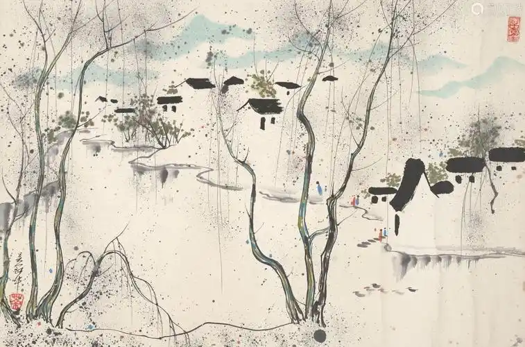 吴冠中江南山水纸本镜心