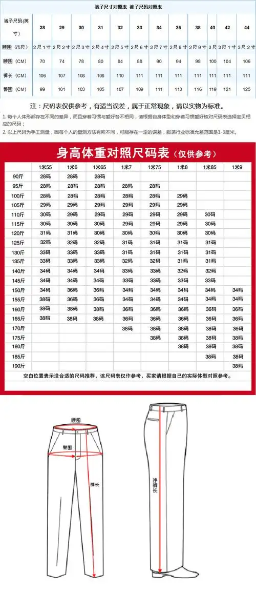 尺码对照表