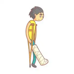 青年人物不幸的青年拄着拐杖与断腿的黑头发.丰富多彩的卡通人物照片