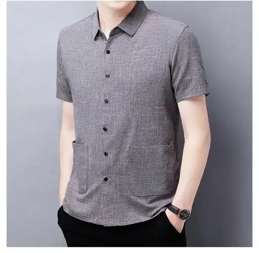 夏季新款亚麻衬衫男短袖t恤纯色翻领棉麻中青年休闲多口袋上衣男