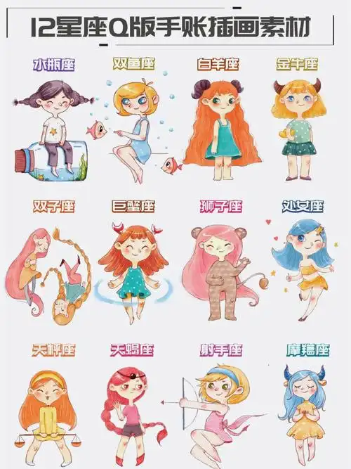 手绘插画十二星座q版少女合集