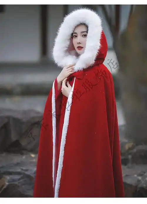 风长款毛领加绒加厚披风古装古风披肩冬季加棉 酒红色亮片斗篷--薄款