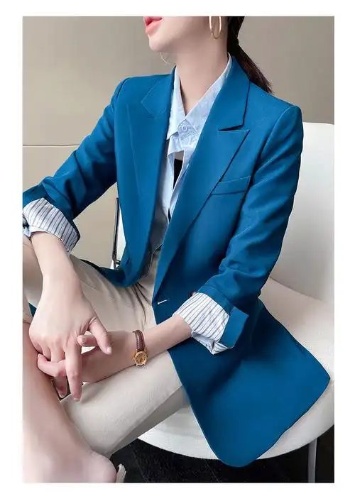 怡情姿蓝色西装外套女2021秋季新款高级感正装女士休闲西服上衣百搭