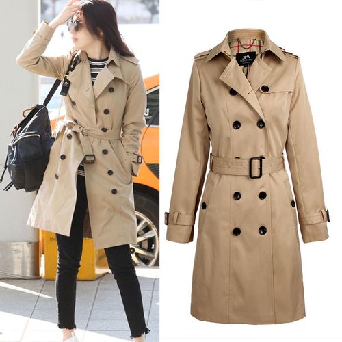 女士经典中长款风衣双排扣英伦卡其色过膝风衣女装外套