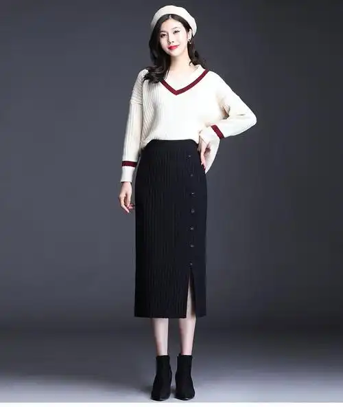 冬季打底半身裙女2021针织黑色包臀裙半身裙秋冬女开叉直筒一步裙中长