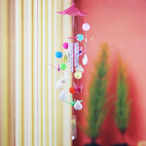 紫色手工diy风铃材料包 阳台白贝壳蓝色海洋千纸鹤装饰彩毛球干花