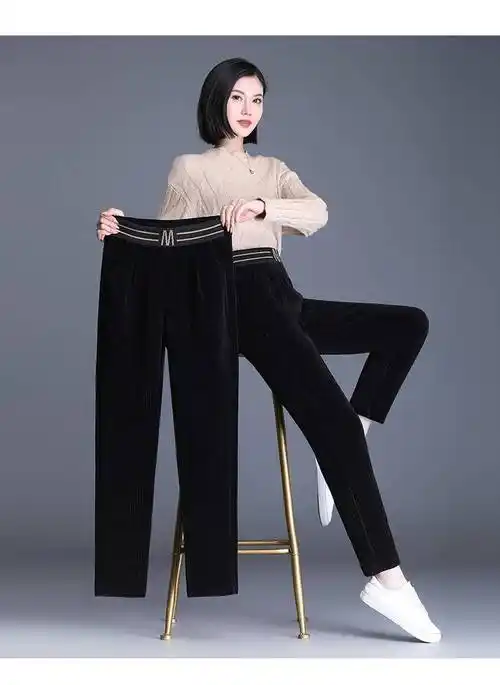恒源祥裤子女加绒女裤秋冬加厚条绒中年妈妈裤高腰宽松哈伦裤女士式