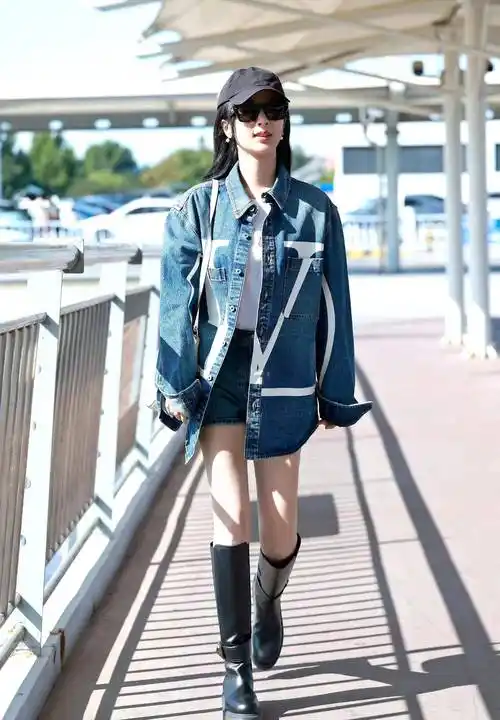 杨紫身着牛仔套装,机场靴亮相巴黎时装周,看起来很时尚!