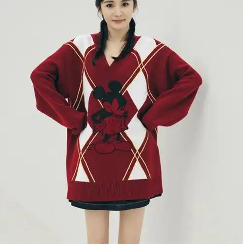 明星杨幂同款 毛衣女宽松外穿2020早秋新款红色v领针织衫上衣