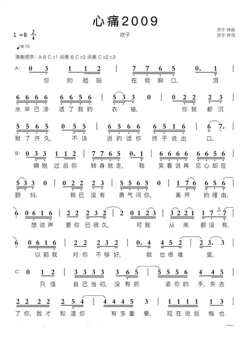 心痛2009智能简谱欢子歌谱-苍强曲谱