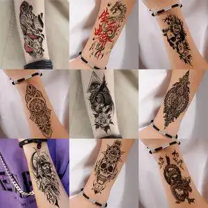 1套6张半臂花臂纹身贴防水持久男手臂腿部火焰纹s狼头逼真图腾刺