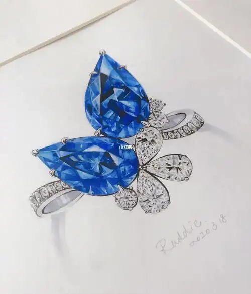 水滴蓝宝石戒指设计定制珠宝水粉手绘图