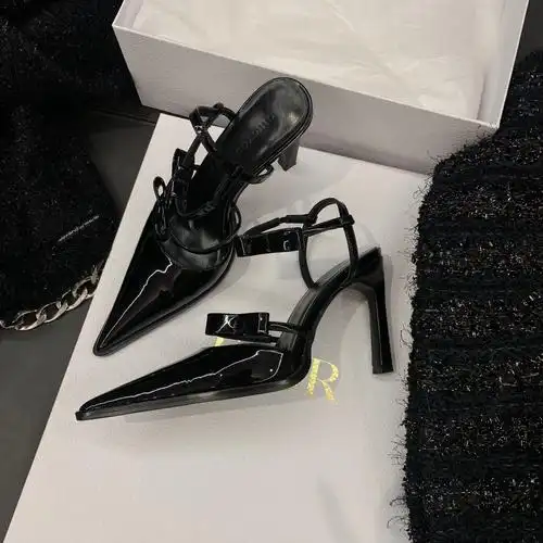 chicyou 黑色漆皮细跟尖头蝴蝶结高跟鞋单鞋仙女鞋浅口性感凉鞋女