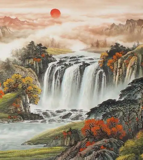 挂画农村风水画旭日国画风水画聚宝盆聚财山水画靠山招财字画源远流长