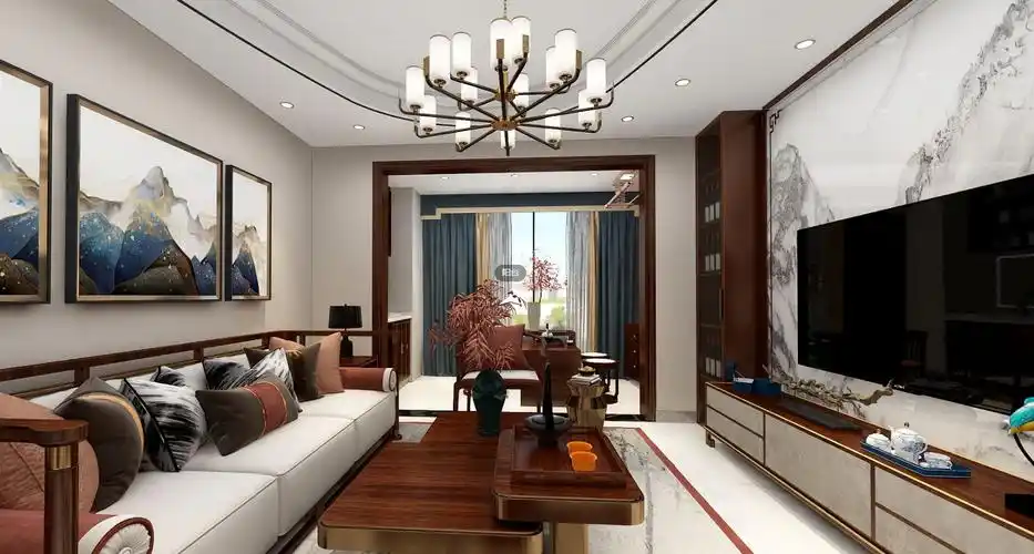 装修效果图沉稳新中式风格简约大气100㎡三房一厅