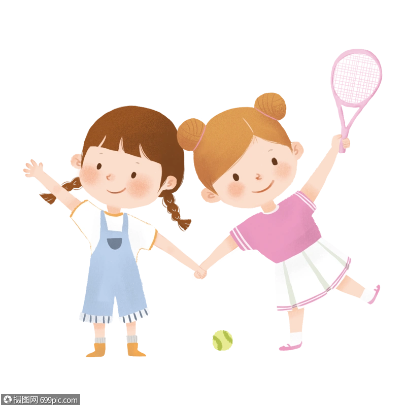 免抠元素 手绘/卡通元素 小男孩 手绘夏季两个小女孩打网球.psd
