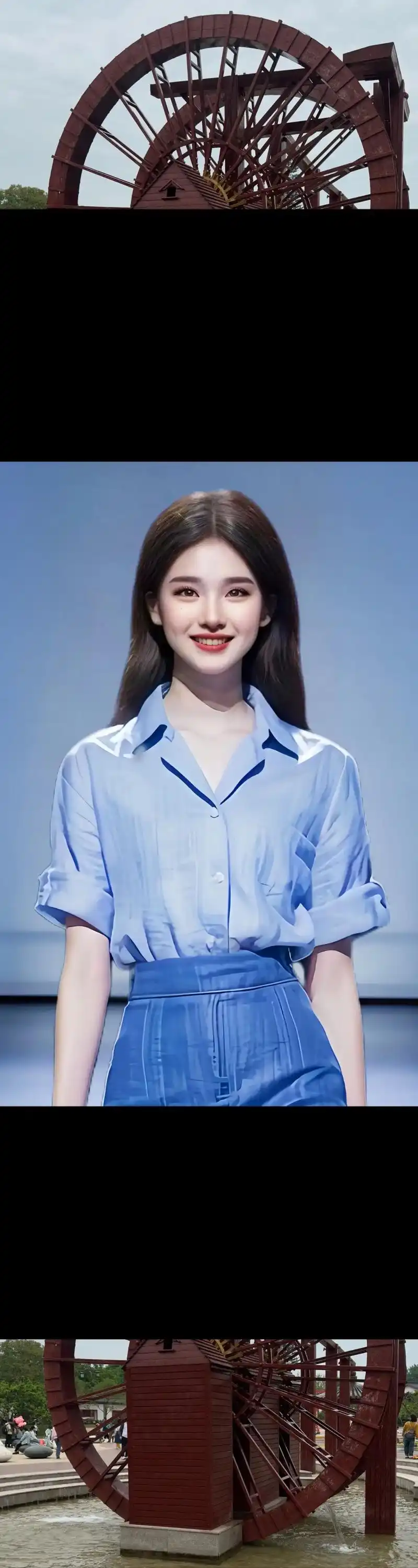 优雅蓝色衬衫搭配半身裙套装