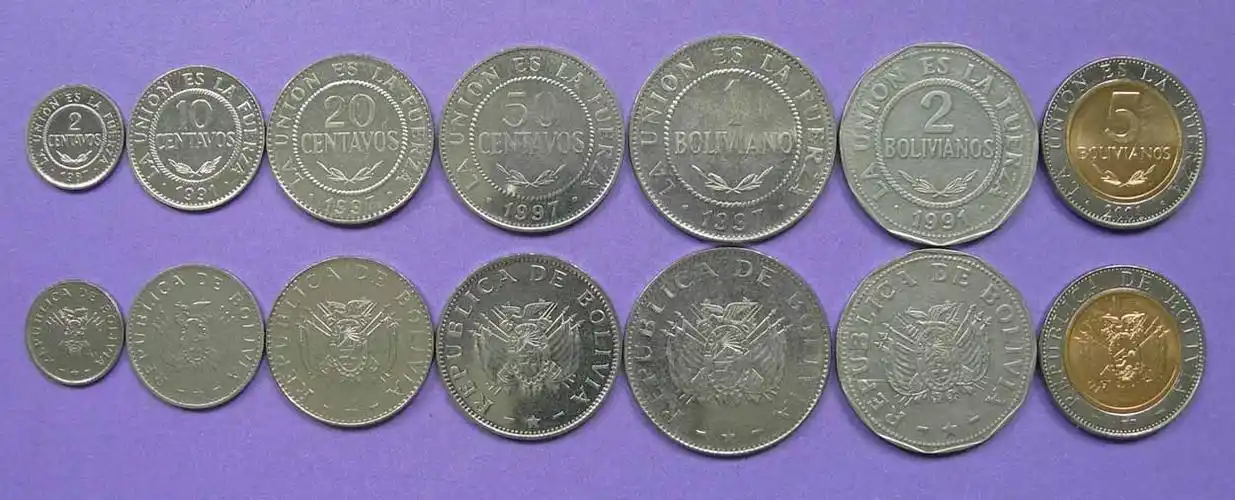 玻利维亚最新版和70-80年套币 材质 :6不锈钢 1双金属(大图展示)