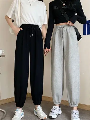 灰色运动束脚裤女薄款夏季宽松直筒高腰显瘦休闲裤