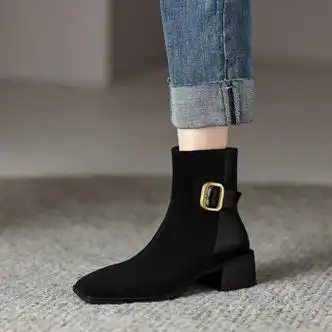 norrkoee诺刻切尔西短靴女2023靴子方头粗跟时尚皮带扣磨砂女靴黑色加